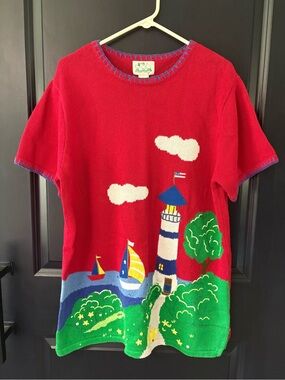 Vintage Quacker Factory Lighthouse Sailboat Nautical Sweater NWT Large QVC